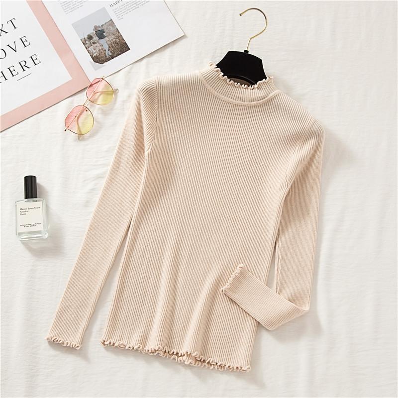 Autumn and winter new solid color pullover fungus edge bottoming knitted sweater women's slim and thin semi-turtleneck sweater women's