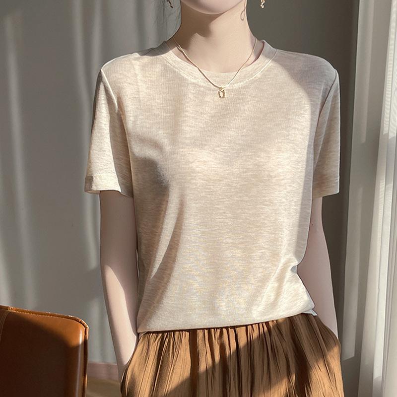 Women's Summer Tencel Lyocell Short Sleeve Round Neck Solid Color Loose Top