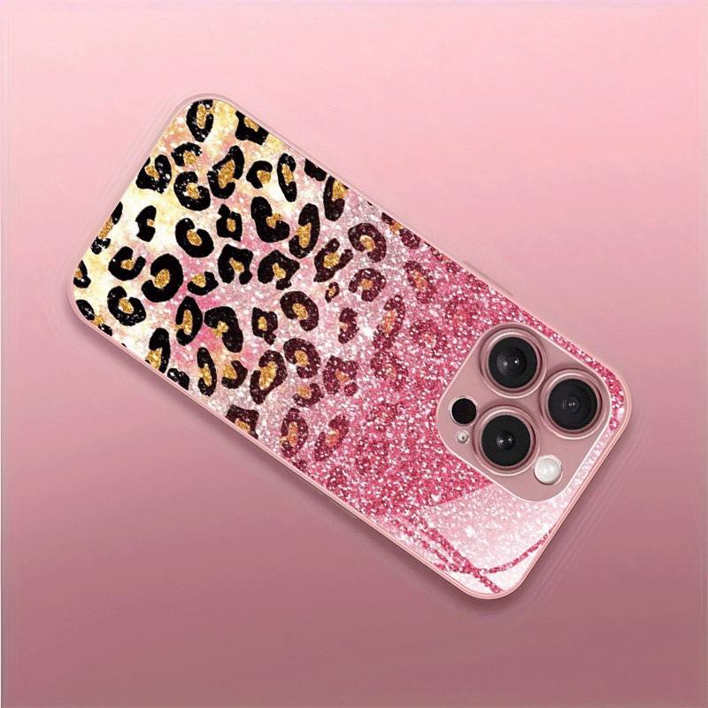 Třpytivý Gradientový Leopardí Vzor Růžová Metalická Barva Skleněné Pouzdro Na Telefon Pro iPhone 11 12 13 14 15 16 17 Pro Max Plus 17 Air 16E Kryt