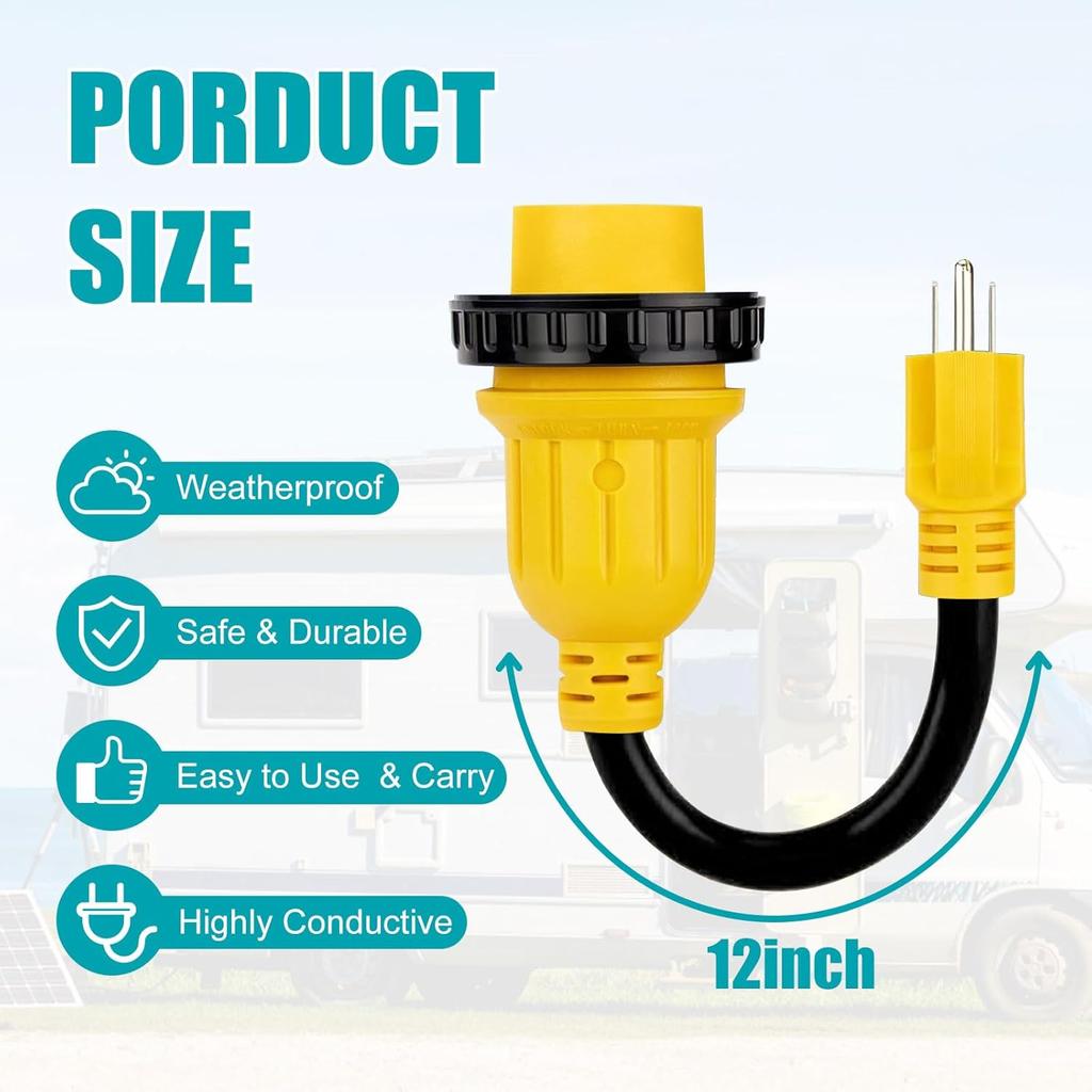Heavy Duty 15A Male To 30A RV Power Adapter – Twist Lock L5-30R To 5-15P Converter 12" Dogbone Cord for Campers Trailers 125V Durable Safe