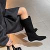 European fashion and comfortable sleeve low-heeled women's boots 2025 autumn and winter new fine-heeled woven high-heeled square boots