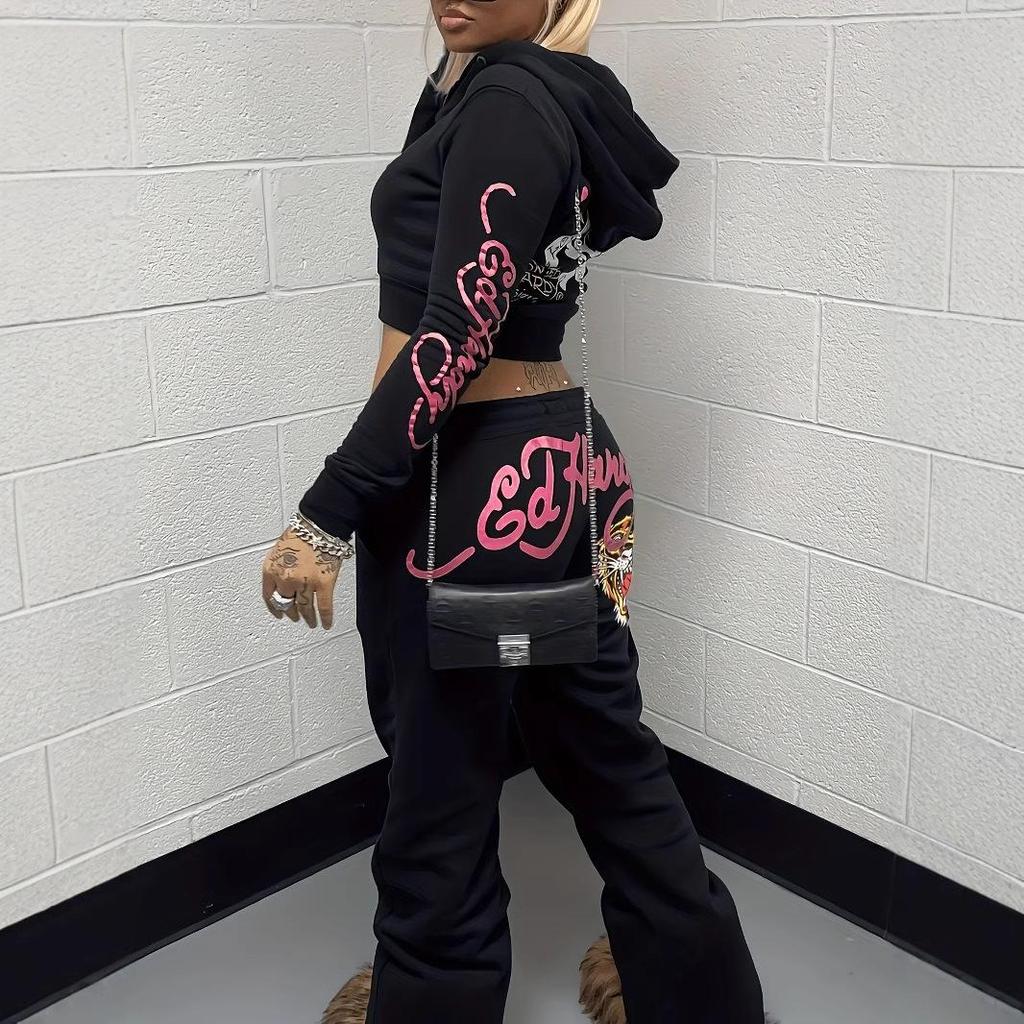 European & American Fashion Print Zipper Sweatshirt Suit for Women