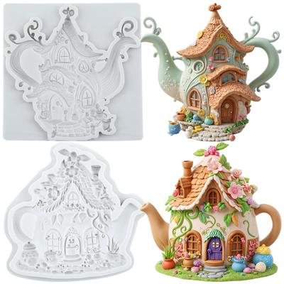 Fairy Garden House Silicone Mold Teapot House Fondant Molds Cake Decorating Tools Theme Cake Dessert Decorated Chocolate Candy Mold