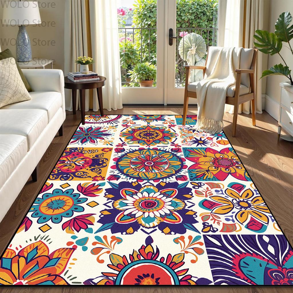 Boho Retro Geometric Living Room Carpet Splice Floral Decoration Home Non-slip Short Velvet Rug Bedroom Lounge Aesthetic Mats