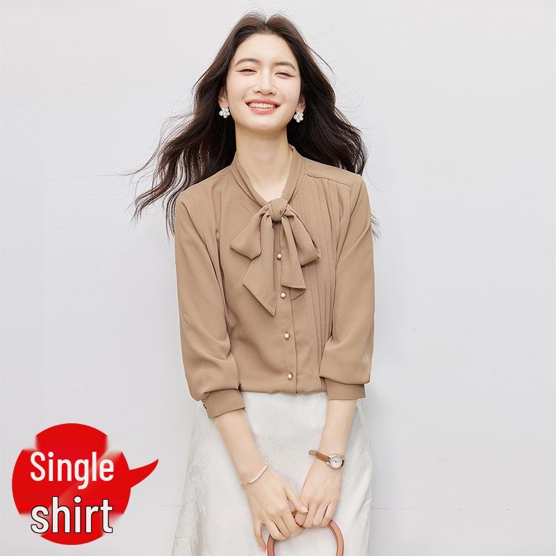 2026 New Women's White Bow Design Long Sleeve Fashion Shirt for Work