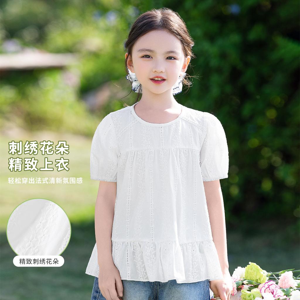 Hollow Flower Doll Shirt - Girls' Summer Dress with Lace Round Neck Short Sleeves, Pure Cotton Bubble Sleeves, Medium Size Children's T-shirt