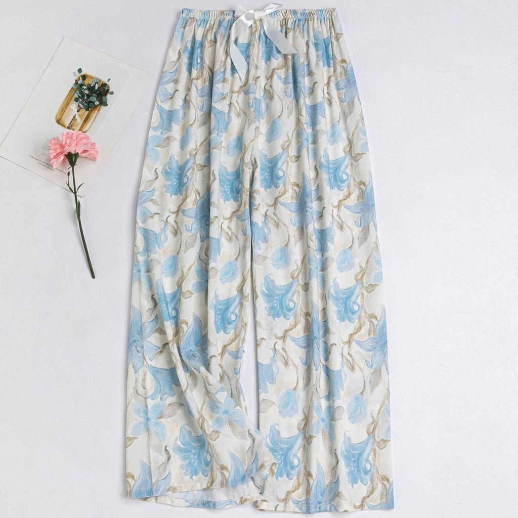 Women's Floral Cotton Silk Pajama Pants, Mosquito Repellent, Outdoor & Home Wear, Plus Size, Lightweight Summer Style.