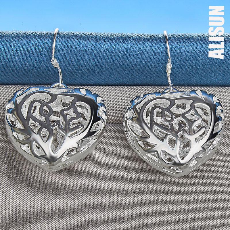 925 Srebrne kolczyki w kształcie serca z geometrycznym wzorem Hollow Piercing Modna biżuteria ślubna