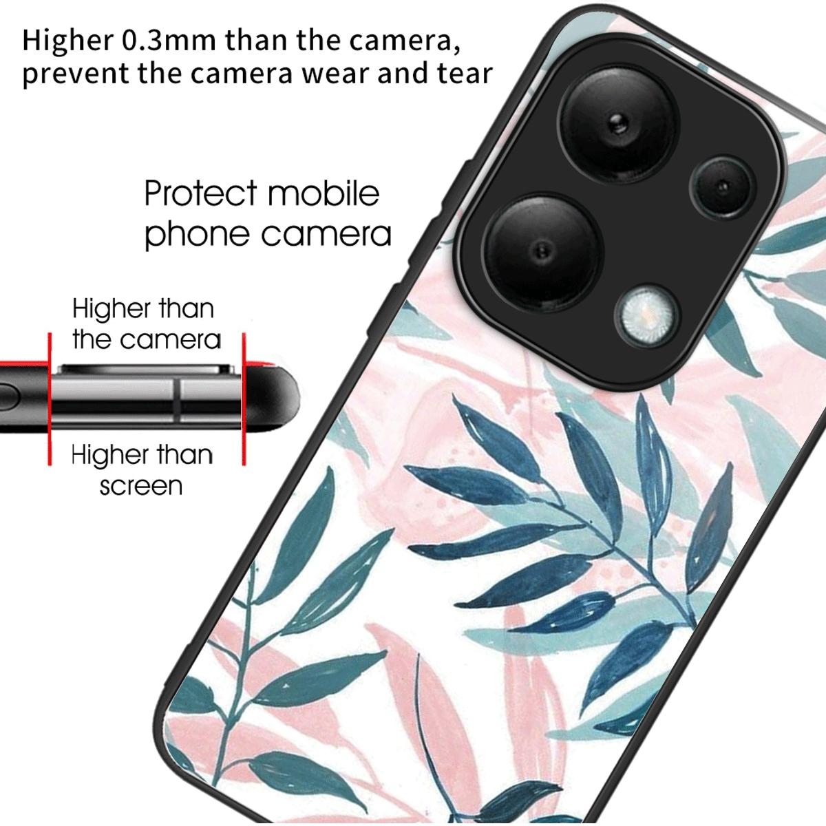 

For Xiaomi Redmi Note 13 4G Case Pattern Printing Tempered Glass+TPU Phone Cover Leaves