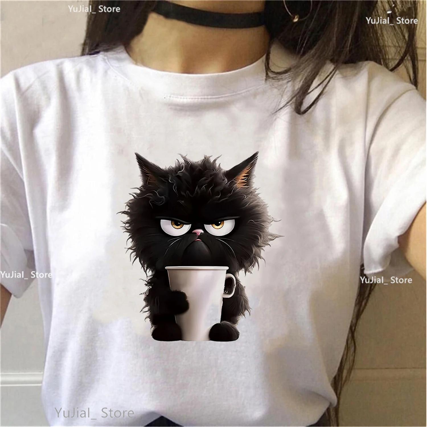 

Black Cat Loves Coffee Animal Printed T Shirt Women Kawaii Funny Casual T-Shirt Girls Summer Short Sleeve White Pink Grey Tshirt XXXXXL білий
