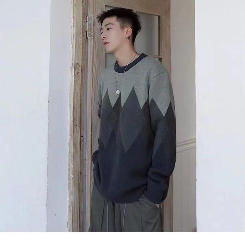 Neuer Herren Dick Bedruckter Rundhals Pullover Herbst Winter Lässig Locker Color-Blocking Fauler Stil Oberteil