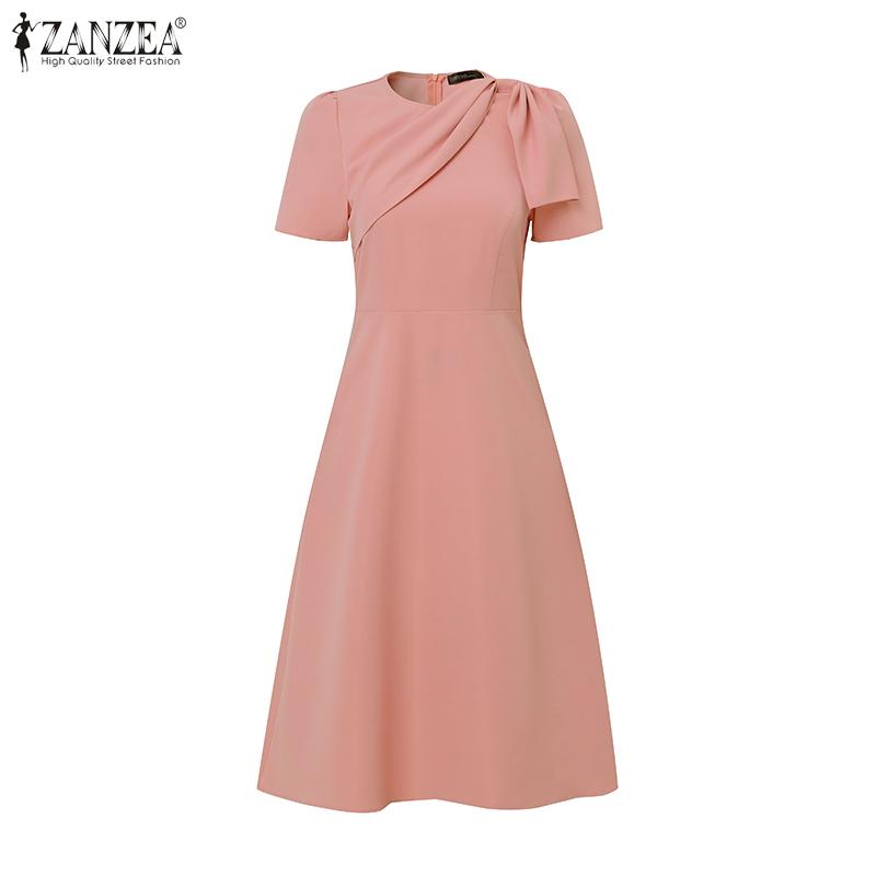 ZANZEA Women Casual Round Neck Summer Short Sleeve A-line Dress