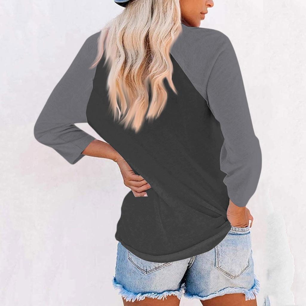 Women's Casual And Fashionable Patchwork V-Neck Top With Seven Quarter Sleeves Top