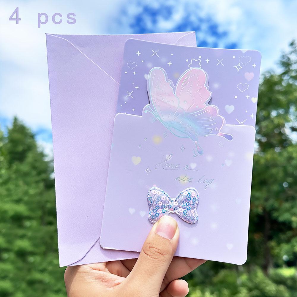 4 pcs Butterfly shaped greeting card, exquisite message envelope, postcard, bow, three fold discount card