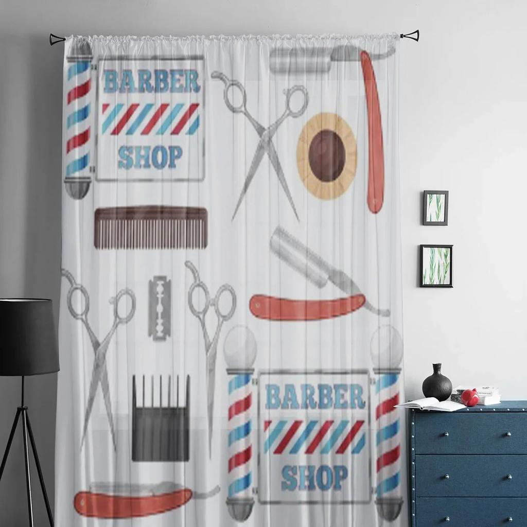Barbershop Design Element Sheer Curtains For Living Room Modern Fashion Valance Curtains For Kitchen Tulle Curtains