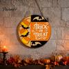 Wooden Hanging Decor Halloween Trick or Treat Door Sign, Retro Round Bat Silhouette Ornament Plaque for Home Front Wall & Party Decoration Atmosphere