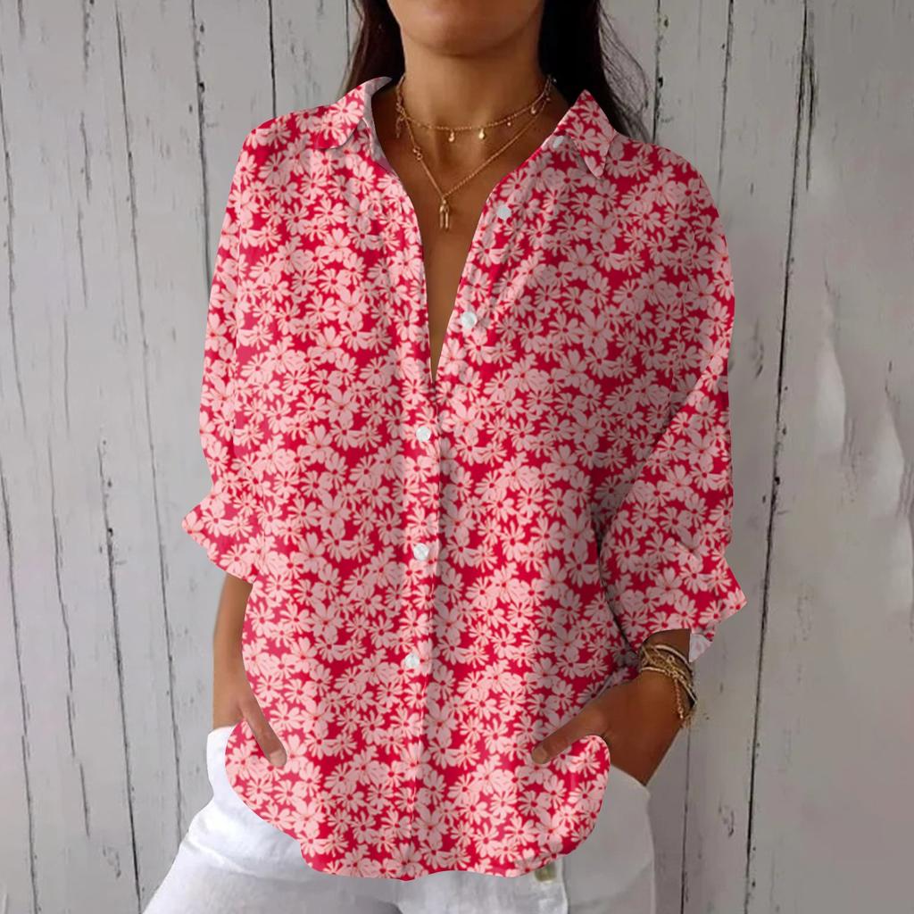 Women's Fashion Seven Sleeve Casual Lapel Back Tie Shirt Printed T-Shirt Top