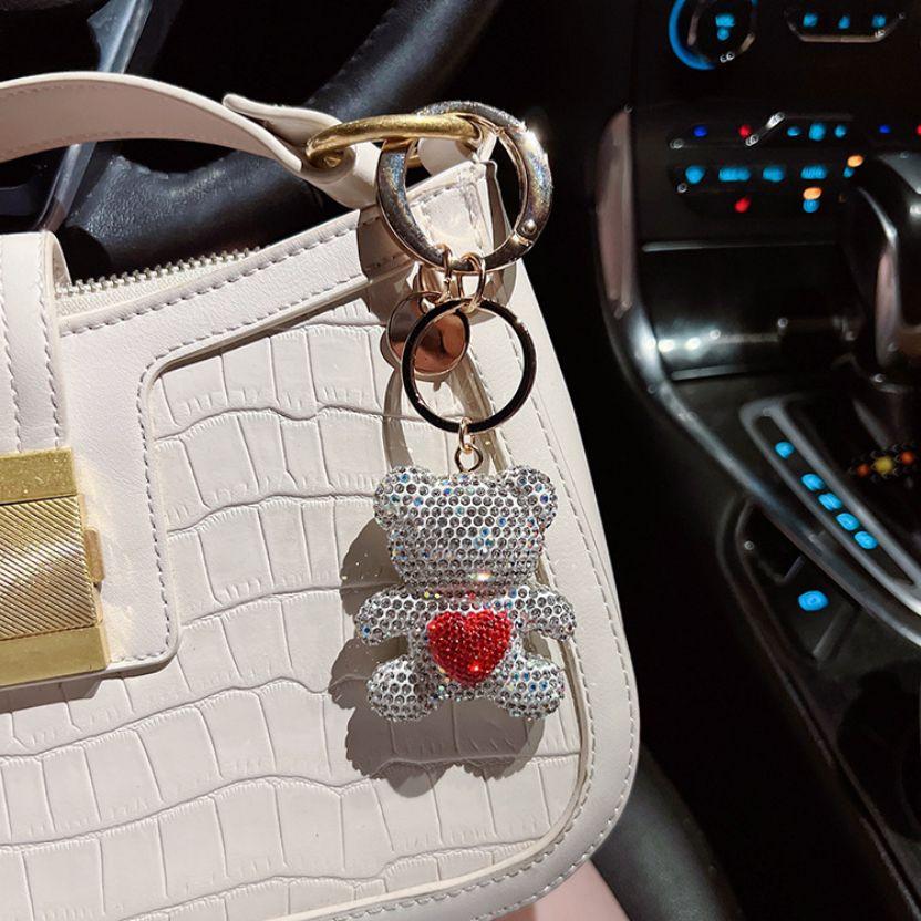 Unique Fun Keychain Gift For Girls Pure Handmade DIY Inlay Full Of Rhinestone Cute Bear Car Keychain Pendants And Bag Ornaments