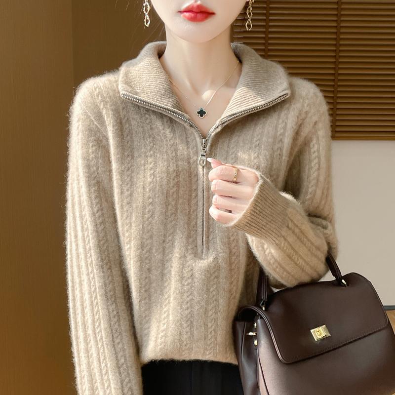 Women Sweater 100% Wool TIDENOVEL Turn-down Collar Knit Pullover Thick Winter Jumpers Female Knit Tops Zipper