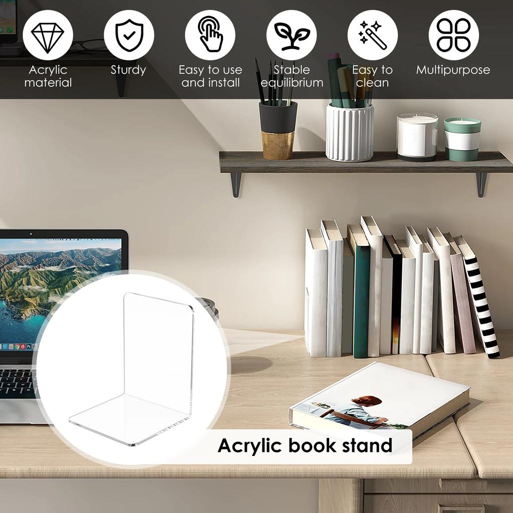 10Pcs L-Shaped Transparent Acrylic Bookends Desktop Book Holder Book Display Stand School Stationery Office Storage Accessories