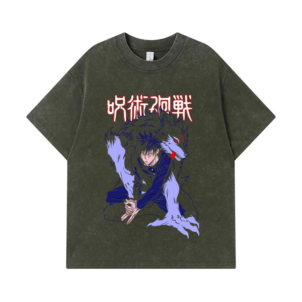 

275 GSM Washed T-shirts 100% Cotton Jujutsu Kaisen V32 Megumi Print Unisex Heavy Cotton T Shirt S армия зеленый