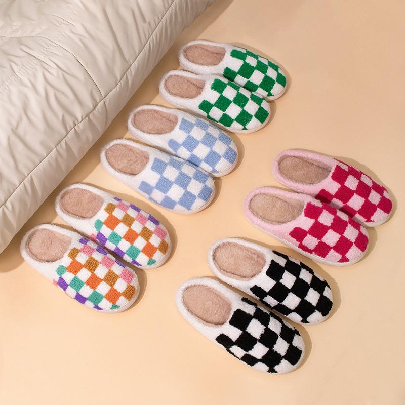 Rainbow checkerboard plaid winter indoor non-slip home cotton slippers plush warm daily casual fluffy slippers