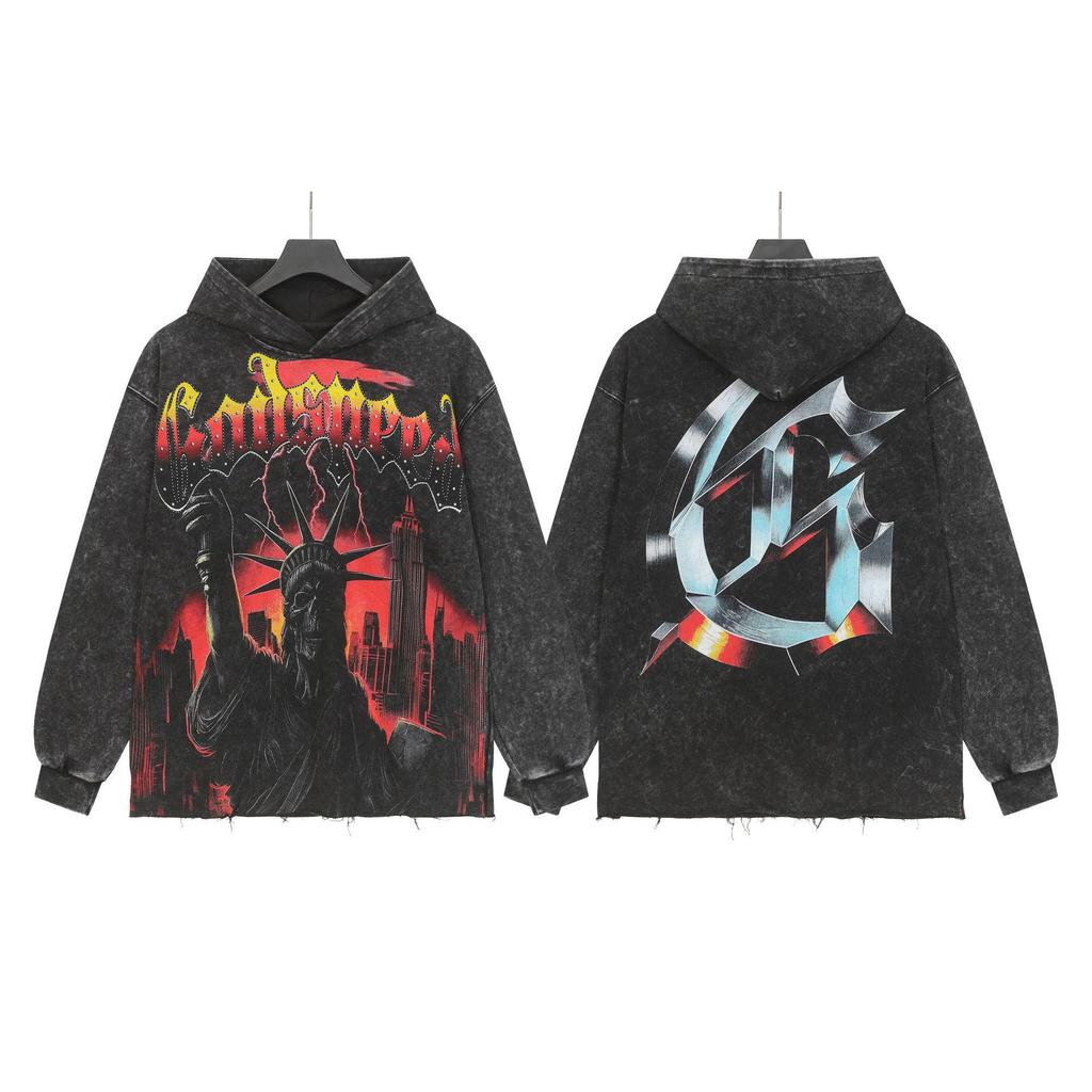 God Bless America Retro Rock Street Print Washed Hoodie - Casual Loose Fit