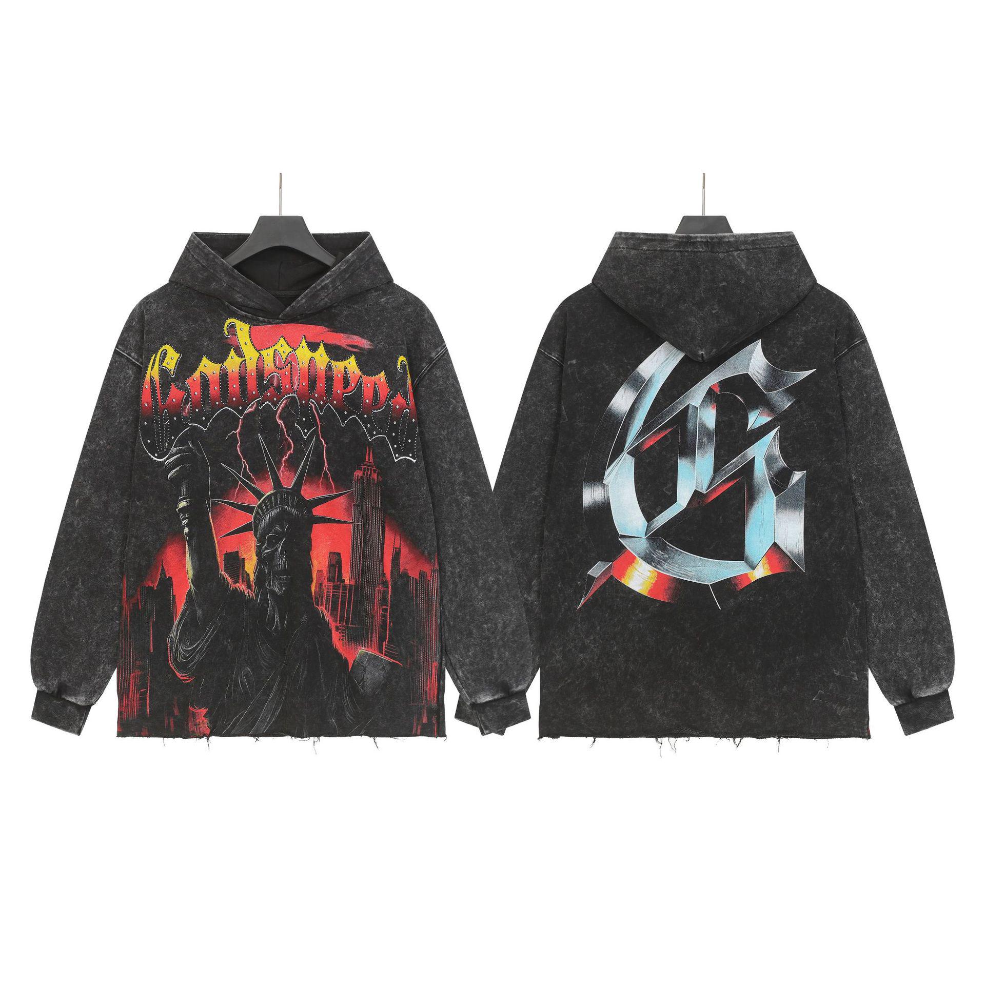 

God Bless America Retro Rock Street Print Washed Hoodie - Casual Loose Fit L