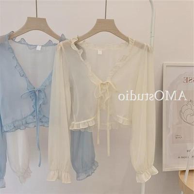 French Style Fairy Cardigan: Lightweight Sun Protection Shawl for Spring & Autumn, Long Sleeves, Ruffled Design