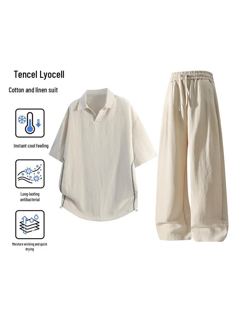 Men's Summer Ice Silk Lyocell Casual Polo Set - Loose, Sweat-Absorbent, Short Sleeve Sportswear Two-Piece.