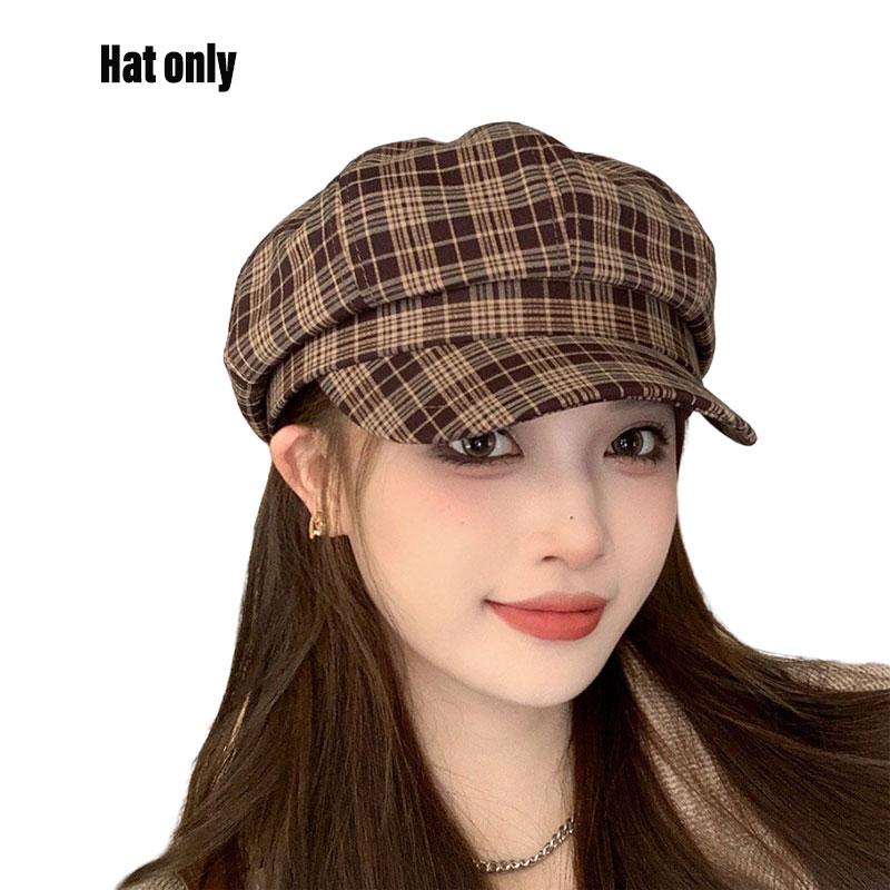 

Plaid Stylish Vintage Octagonal Hat Women Casual Duckbill Cap Beret Brim Short кавовий