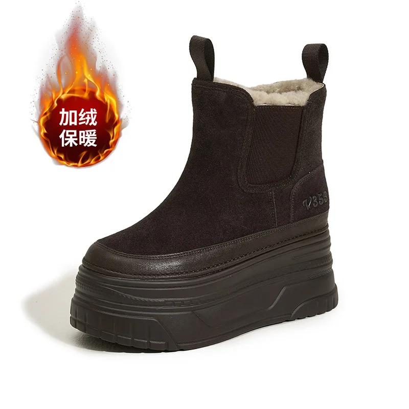 Fashion 9CM Suede Cow Genuine Leather Platform Wedge Winter Plush Women Boots Hidden Heels Warm Ankle Booties 2025 Spring Autumn Shoes
