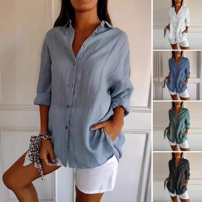 Women Casual Shirt Lapel Long Sleeve Single Breasted Shirt Tops Solid Color Loose Fit Thin Shirt Workwear