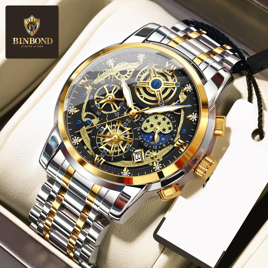 BINBOND Luxury Men's Quartz Watches Stainless Steel Date Chronograph Men Wristwatch Waterproof Luminous Fashion Man Watch