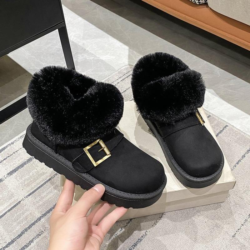 2025 Winter Warme Pluche Sneeuwlaarzen Voor Dames Platte Bont Enkellaarsjes Vrouw Gespsluiting Decor Comfortabele Katoenen Schoenen
