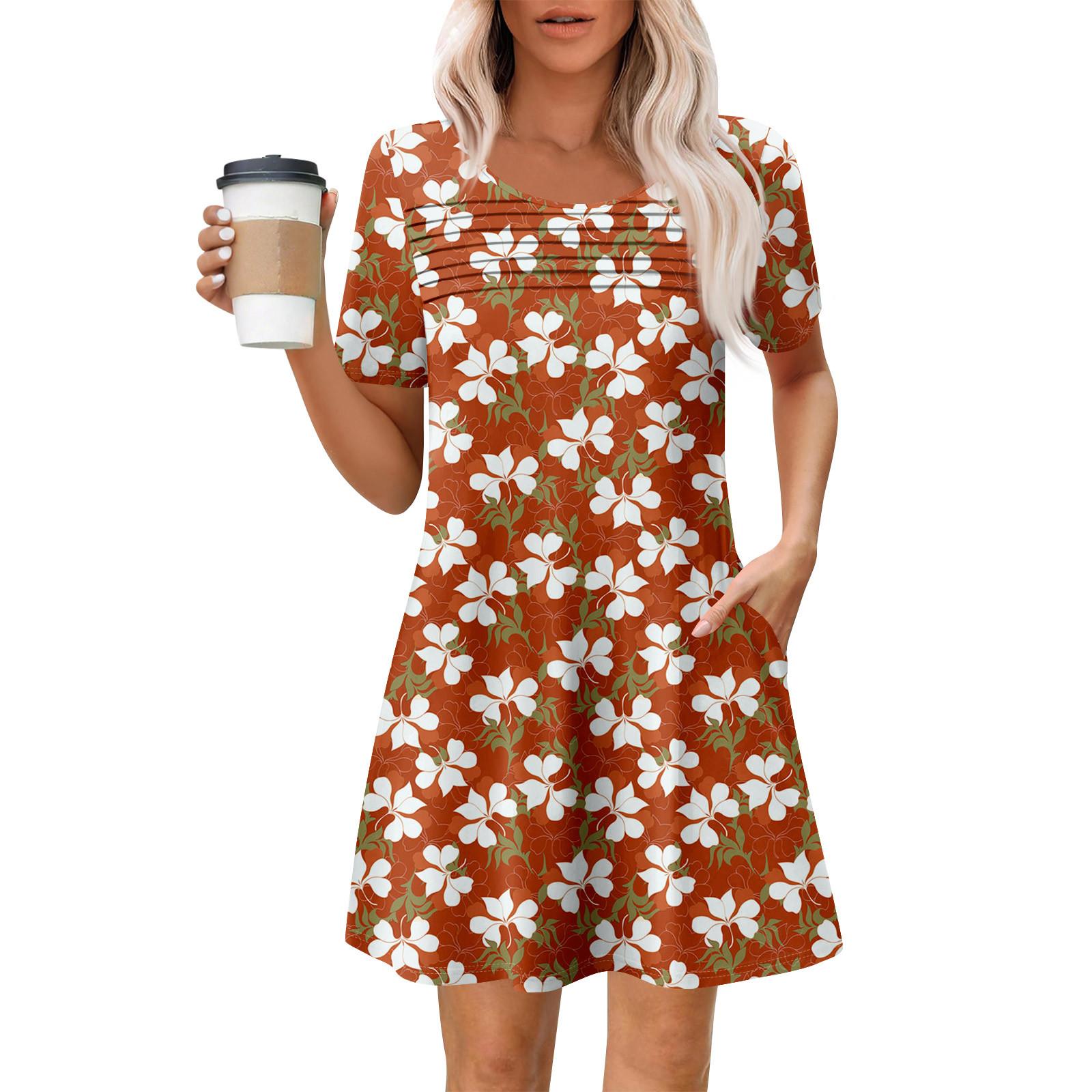 

Женские летние повседневные платья с круглым вырезом, плиссированные, с карманами, с принтом, с коротким рукавом S шафрановый