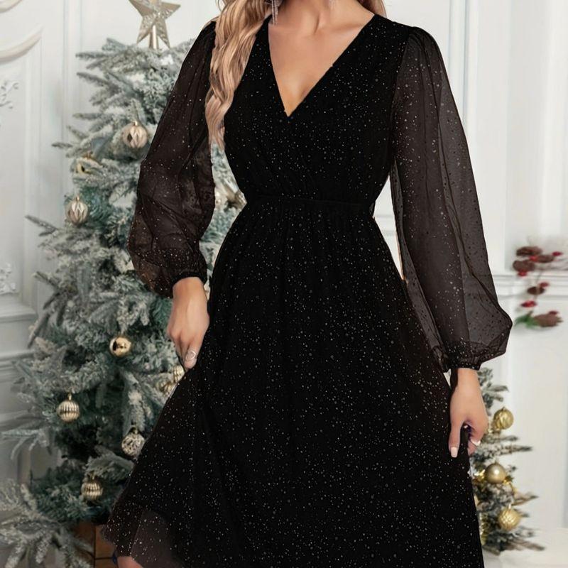 

2025 Slim Fit Solid Color Patchwork Mesh See through Dress Black XXL