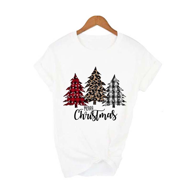 Merry Christmas Plaid Tree Printed T Shirt Fashion Graphic Women Top Tshirt Female Kawaii Tee Ladies