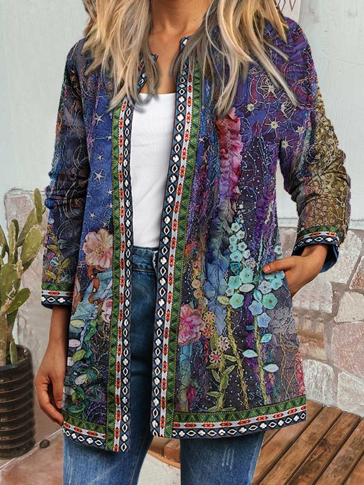 Women's Crew Neck Long Sleeve Cardigan Oversized Vintage Ethnic Print Plus Size Open Front Jacket Casual Outerwear