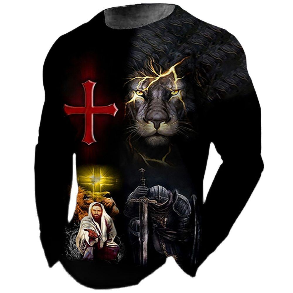 

Мужские футболки с 3D принтом «Бог Христос Иисус и Лев», осенние хлопковые уличные свободные топы с круглым вырезом и длинными рукавами, футболки больших размеров, 5XL S