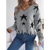 Autumn/Winter Casual V-Neck Star-Print Distressed Long-Sleeved Knitted Pullover for Women