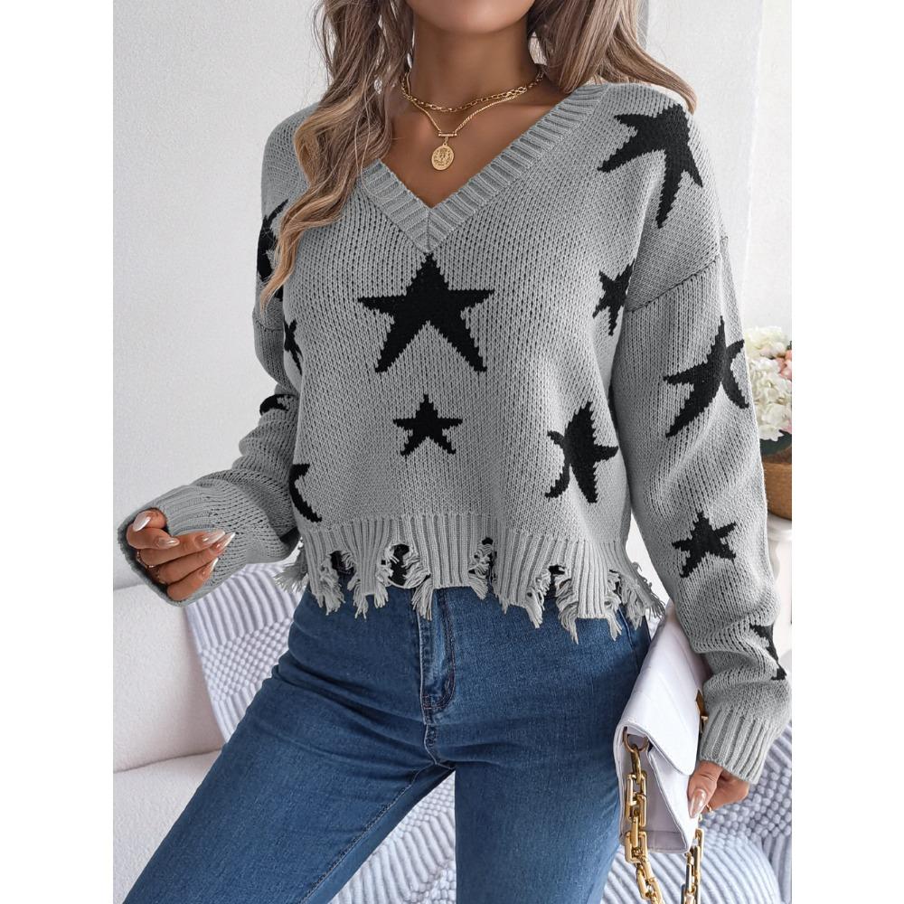 Autumn/Winter Casual V-Neck Star-Print Distressed Long-Sleeved Knitted Pullover for Women