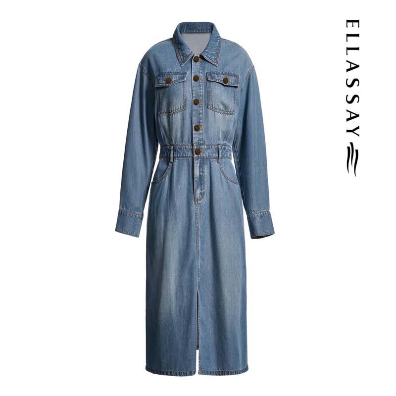 ELLASSAY Women's Lyocell Denim Waist-Cinching Long Sleeve Dress