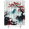 Waterproof Shower Curtain with Red Tree and Mountain Landscape - Modern Bathroom Decor