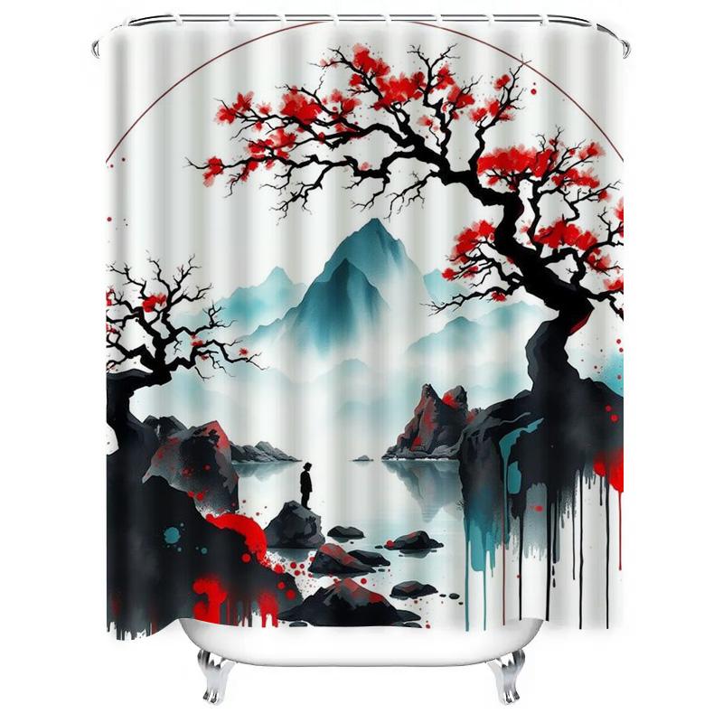 Waterproof Shower Curtain with Red Tree and Mountain Landscape - Modern Bathroom Decor