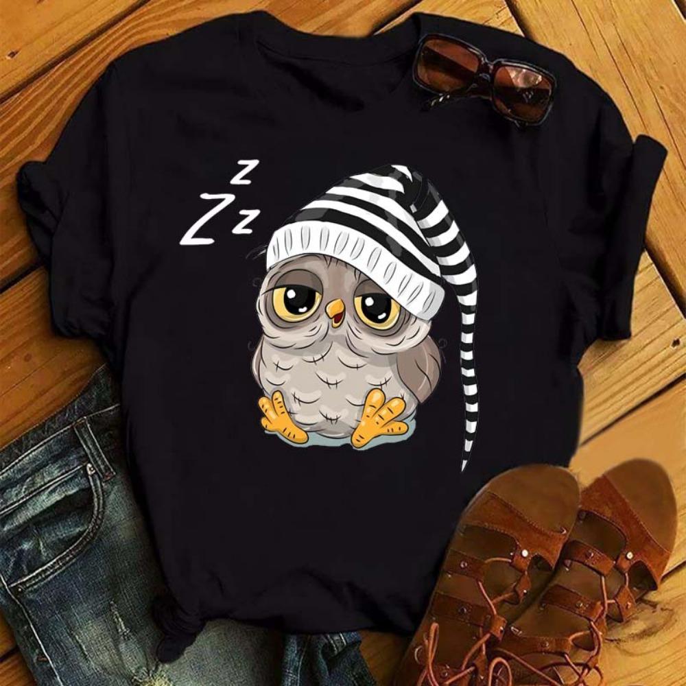 Cartoon Owl Printed T-shirt Women's Pattern Shirt Casual Short Sleeve Black Women's T-shirt O-neck Harajuku T-shirt