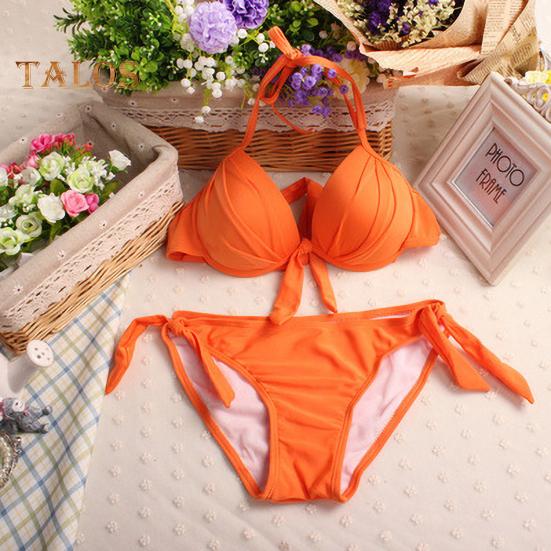 2 Teile/satz Sexy Bikini Set Neckholder Push-Up Einfarbig Bh Hohe Taille Schwimmen Slip Set Bowknot Dekoration Bademode