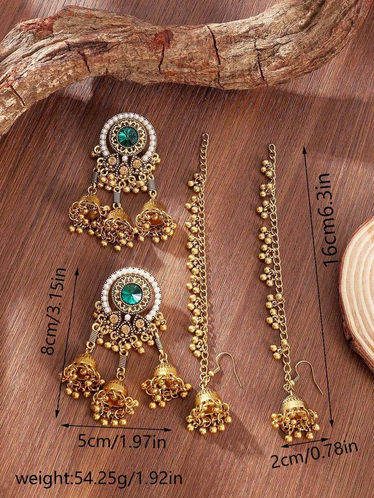 Retro Rhinestone Bohemian Wind Chime Tassel Earrings and Ear Chain Set