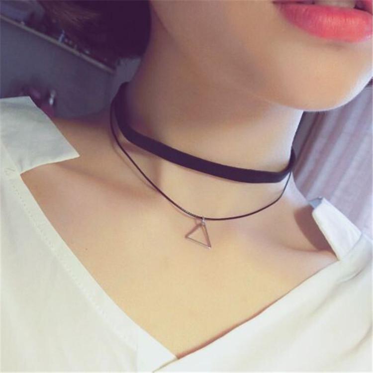 Korean Velvet Triangle Pendant Double Layer Choker Necklace for Women