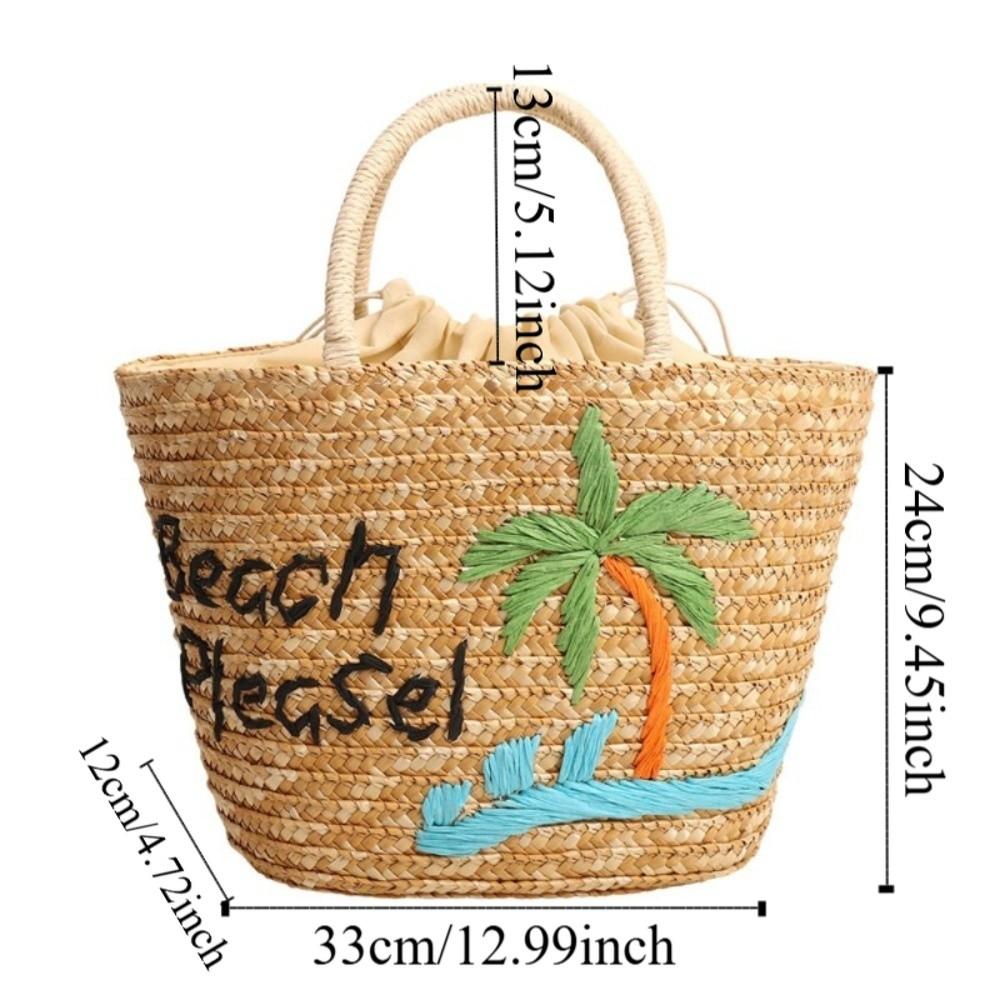Embroidery String Straw Tote Bags Coconut Tree Design Sweet Casual Woven Handbags Bohemian Style New Design